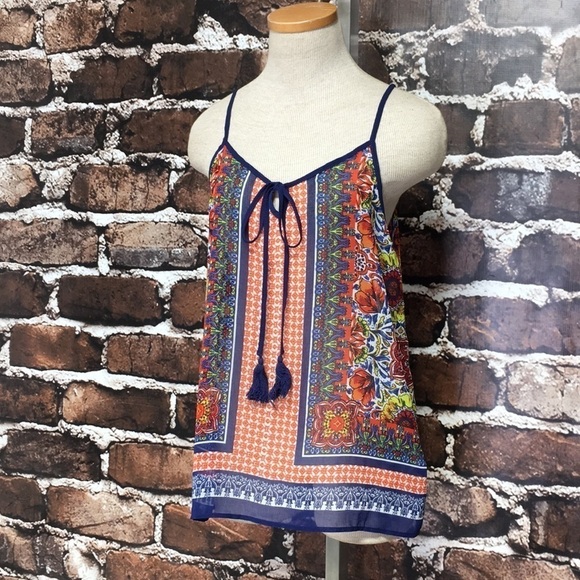 Blue Pepper Top Tie Front Blue Floral Boho V-Neck Small - Picture 3 of 10